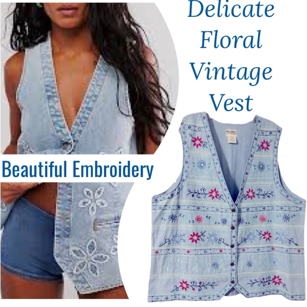 Vintage Embroidered Vest Chambray Denim Cottagecore Floral Koret Blue Size 1X